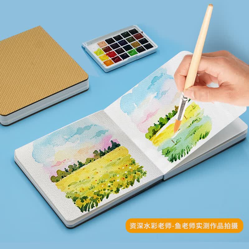 本语时光棉浆水彩本便携口袋速写本300克仿皮硬面中粗纹方形写生绘画本水粉丙烯马克笔画画涂鸦本 松石绿两本套装(大方本+口袋方本)