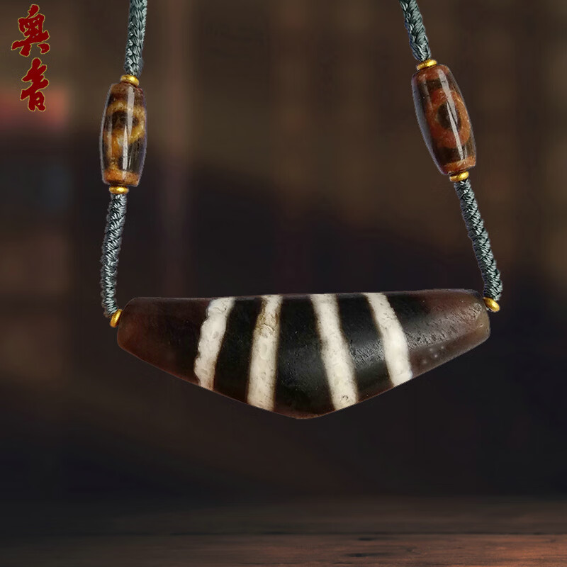 奥音sz藏传玛瑙真品三色线珠牛角老天珠高级中国风简约项链