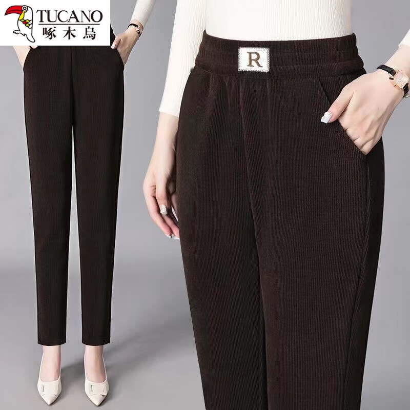 啄木鸟秋冬新加厚雪尼尔妈妈裤高腰弹力休闲裤宽松显瘦直筒裤女长裤加绒 R 卡其【加绒加厚】 加绒 3XL 建议105-130斤