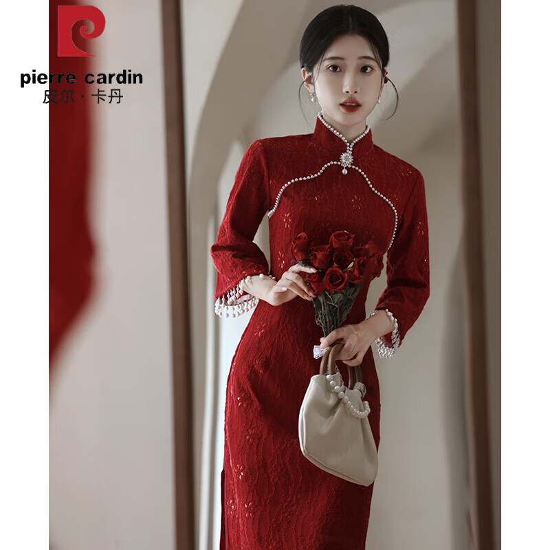 皮尔卡丹（pierre cardin）红色敬酒服旗袍秋冬季加厚改良年轻款新娘结婚订婚礼服新中式婚服 婉婉有仪-亮花蕾丝红 L