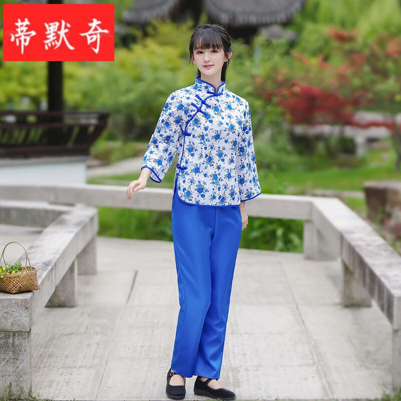 演出服碎花女村姑花客家农村妇女怀旧80年代表装 白底蓝花 蓝裤头巾 s