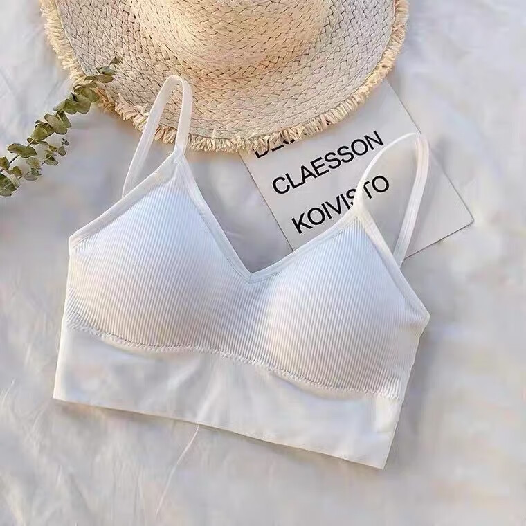 交叉吊带大u美背内衣裹胸抹胸无钢圈少女带胸垫打底露背内衣女士 白色