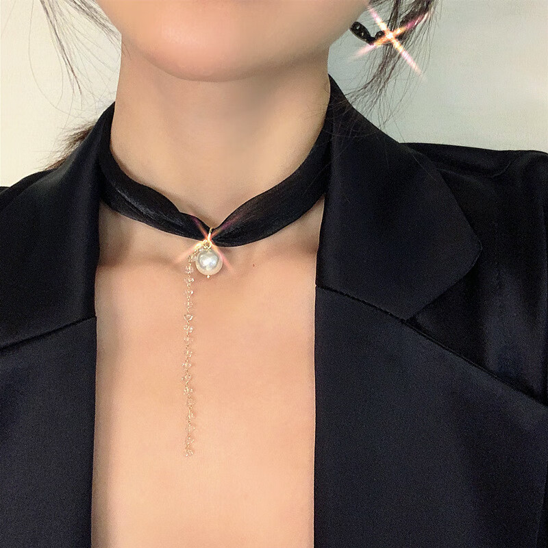 项链新款简约百搭布艺丝带遮脖子疤痕饰品颈带项圈锁骨链脖 黑色s码