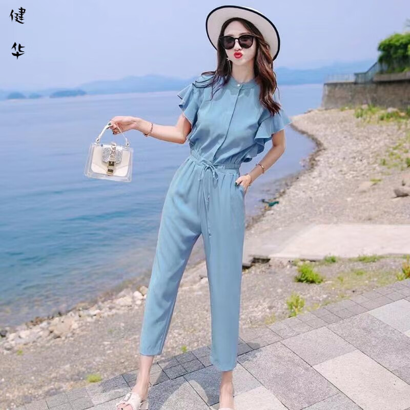 茵侈時(shí)尚連體褲女套裝氣質(zhì)春夏季休閑工裝顯瘦連體短袖九分歐美風(fēng) 藍(lán)色 L