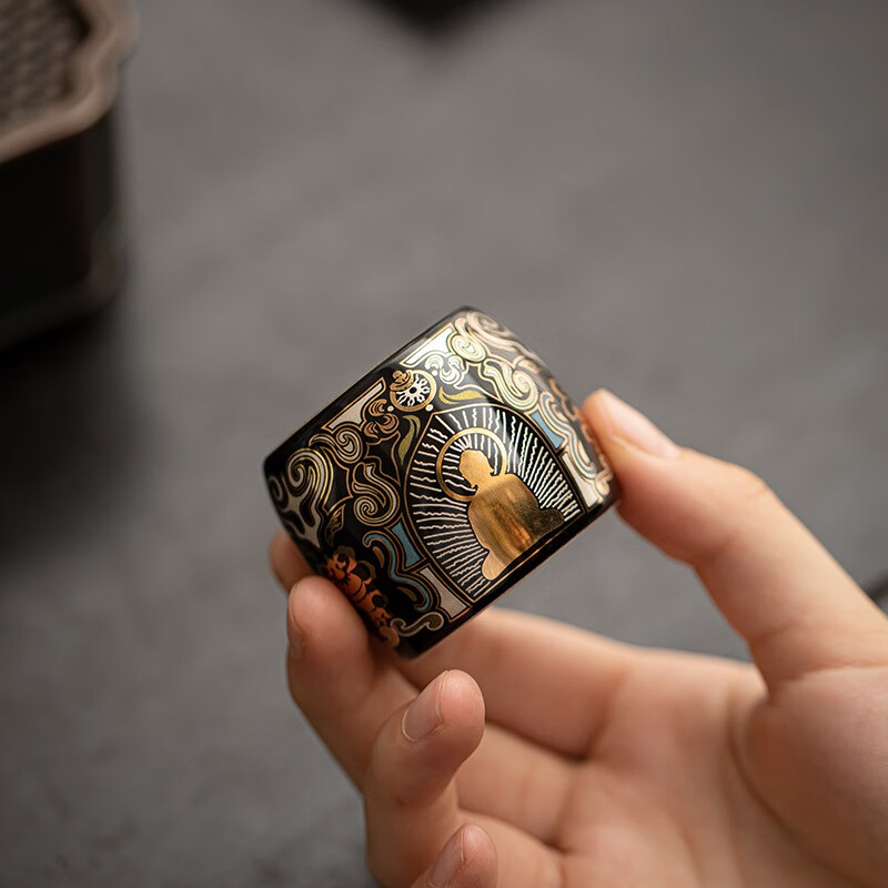 茗山堂盖置 陈德生大师家用金银错复古敦煌唐卡饕餮茶道配件茶宠 中国