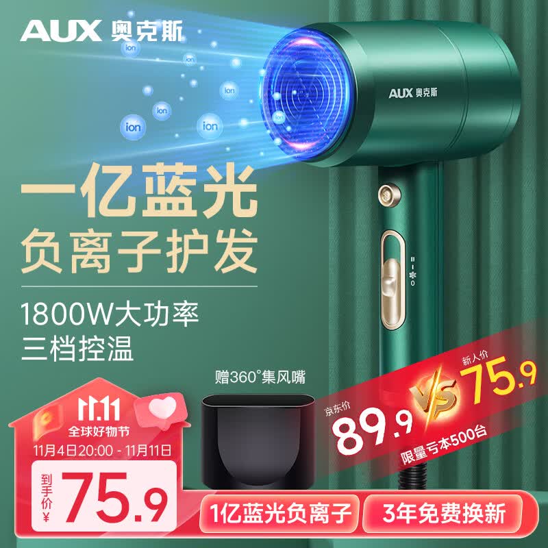 奥克斯（AUX）吹风机家用负离子护发恒温不伤发电吹风大功率冷热大风量速干轻音吹风筒AH7800s绿色蓝光高性价比高么？