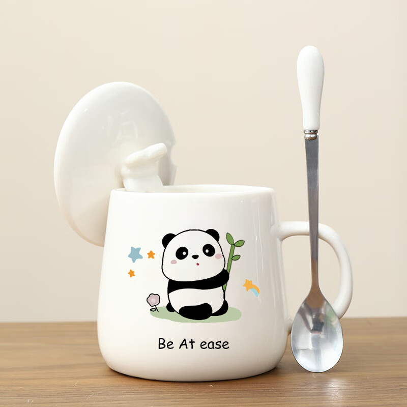 泉劲可爱卡通熊猫陶瓷杯大容量马克杯带盖勺高颜值咖啡牛奶杯定制logo 吃竹子+蝴蝶白盖+钢勺