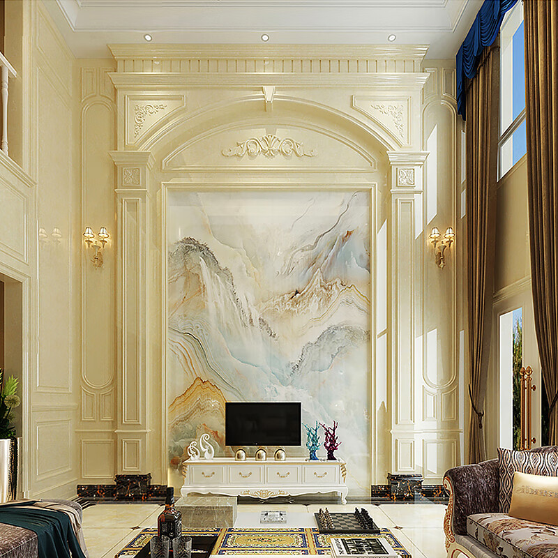 猫简欧别墅独栋住宅大理石纹电视墙客厅二层楼中楼罗马柱石材背景墙 a
