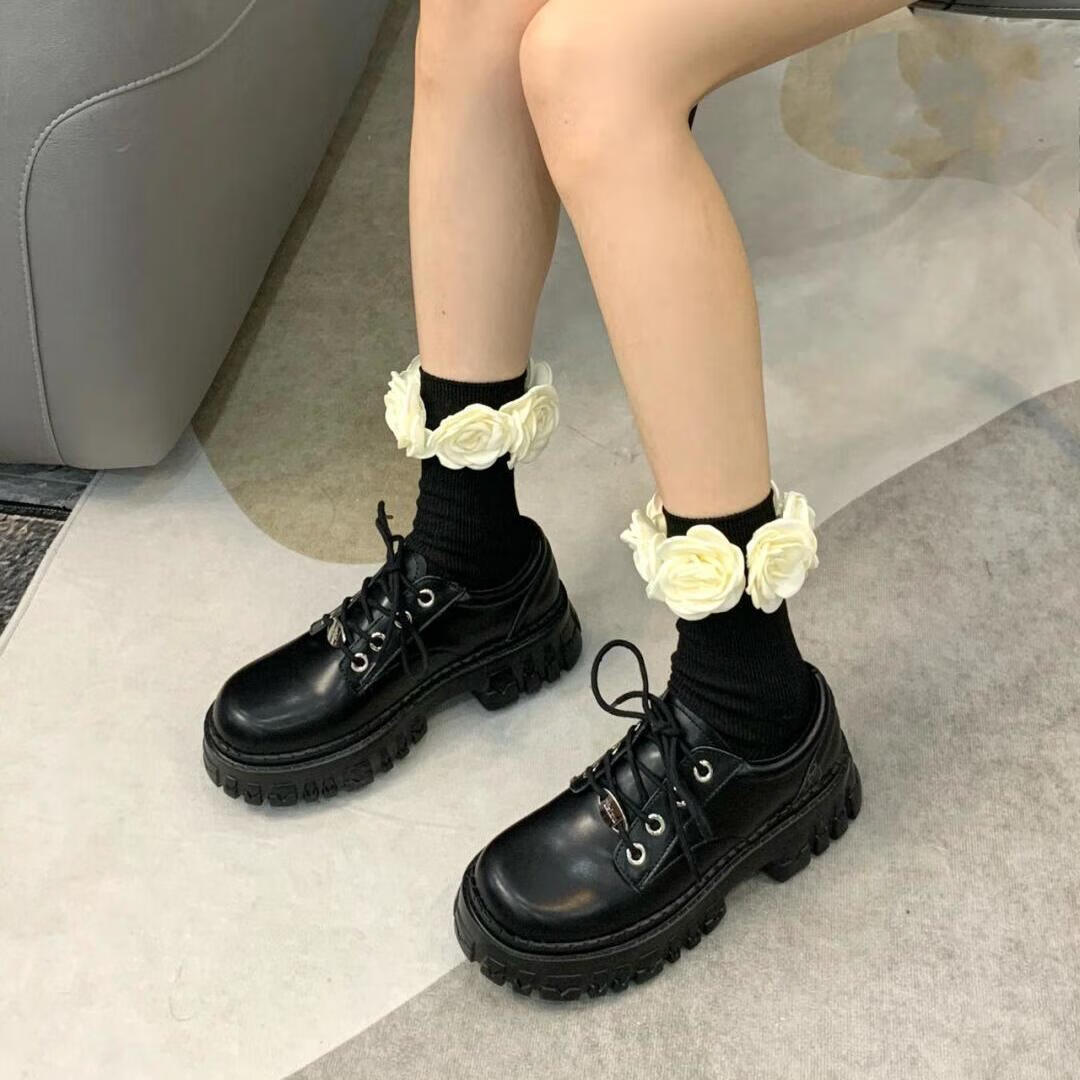 予愿面试穿的西装鞋女学生一脚蹬乐福鞋鞋子女厚底系带黑色 黑色 10%