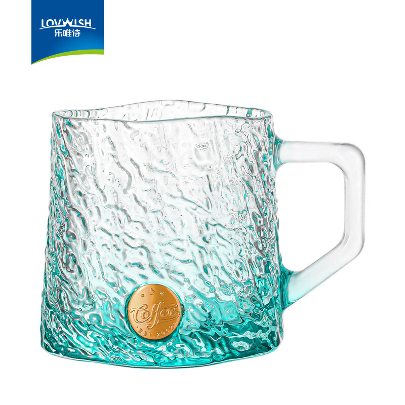 乐唯诗（LOVWISH）玄冰玻璃杯高颜值炫彩女牛奶咖啡杯家用透明喝水杯子带把圣诞新款 玄冰印章杯【蓝色】260ml*1