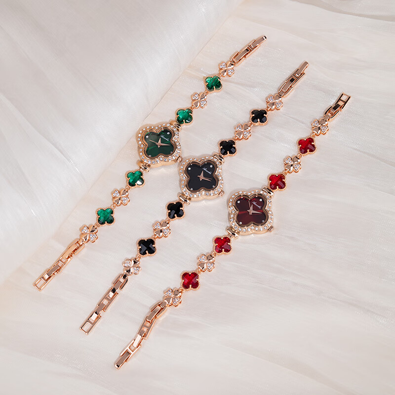 Create Road幸运四叶草女士手链式手表轻奢时尚简约镶钻学生石英送女友礼物 宝石红【送礼盒+手镯】