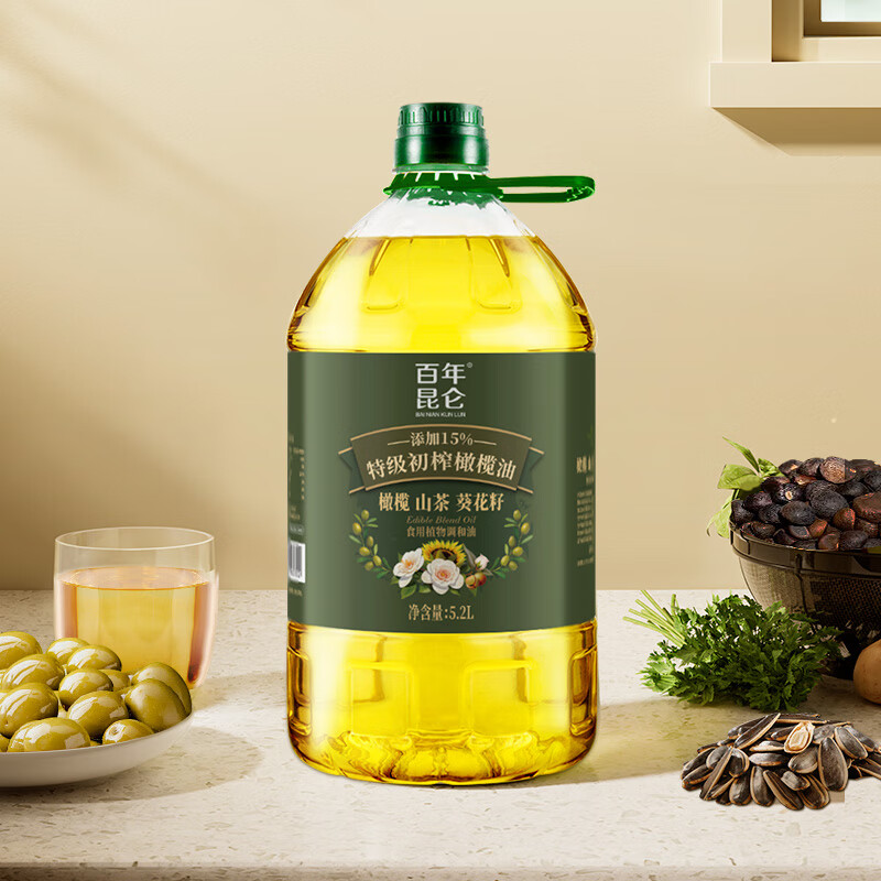 百年昆仑食用植物调和油5.2L含15%初榨橄榄油15%茶籽油