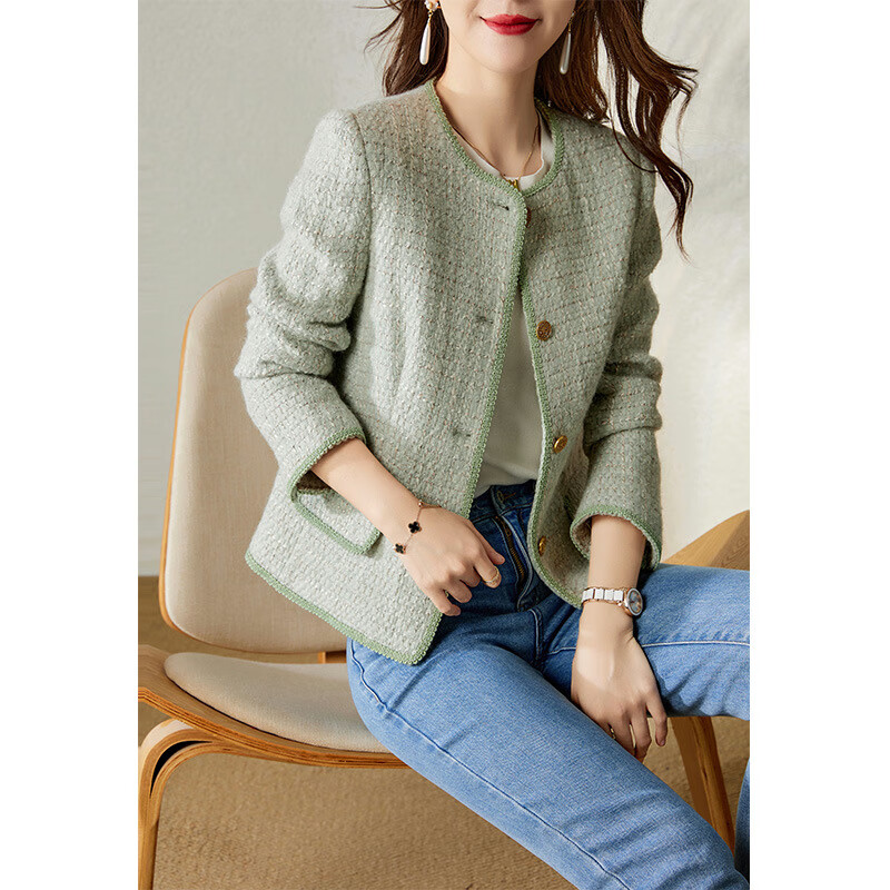 tvaj羊毛牛油果绿色小香风外套春秋新款粗花呢2024春款短外套上衣女装
