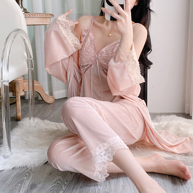 萧淑妃金丝绒睡衣女秋冬季带胸垫V领性感纯欲风吊带保暖家居服三件套装 胭脂粉 L