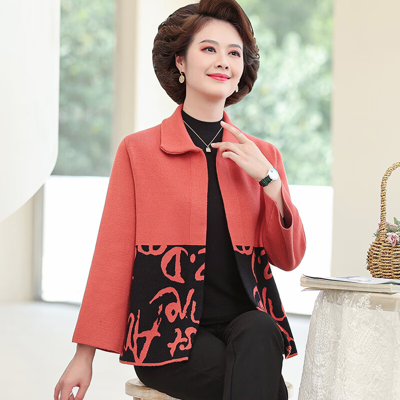 原创厂中老年妇女针织外搭新款衣服2024新款中年妈妈春冬款衣 西瓜红