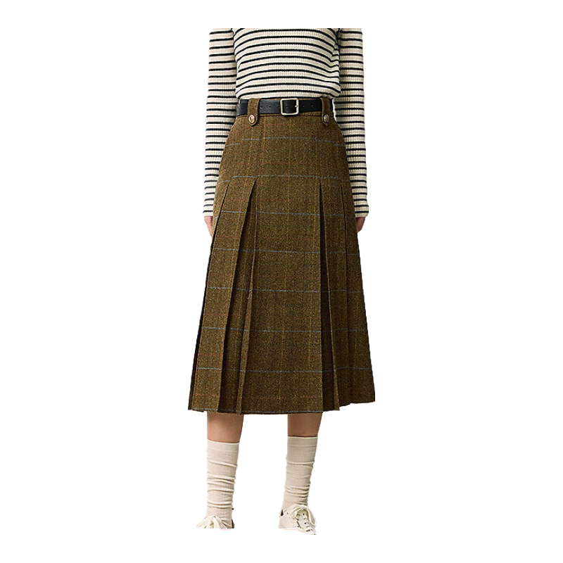 LILY冬新款女装复古经典老钱风格纹绵羊毛高腰百褶裙女半身裙 308橄榄绿 M