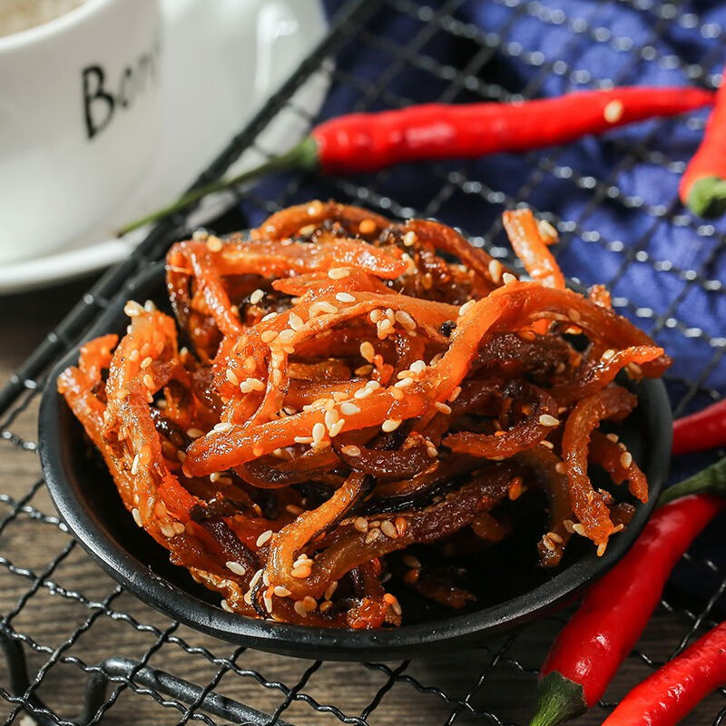 海狸先生 香辣鳗鱼丝辣条小鱼仔零食小鱼干即食装海鲜麻辣海味零食 鳗鱼丝 80g 1袋