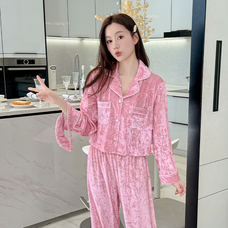 均欣睡衣女春秋冬款新长袖家居服套装可外穿时尚感 粉红色 m