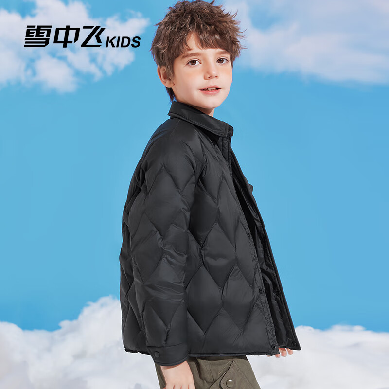 雪中飞童装儿童羽绒服2024秋冬新款男童中大童女童网格衬衫式轻薄羽绒服 黑色 150