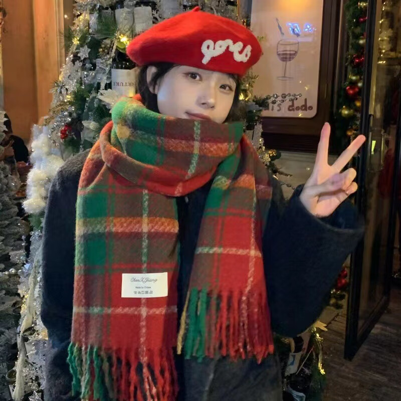 MAVM新年氛围感中国红色流苏女秋美妆冬新款针保暖韩版圣诞格子工具 红绿格子围巾