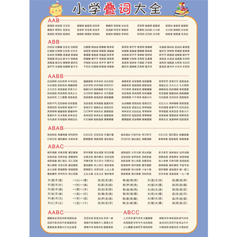 博纳欧(bonaou)小学叠词挂图一二年级abab aabb abc式词语量词重叠词