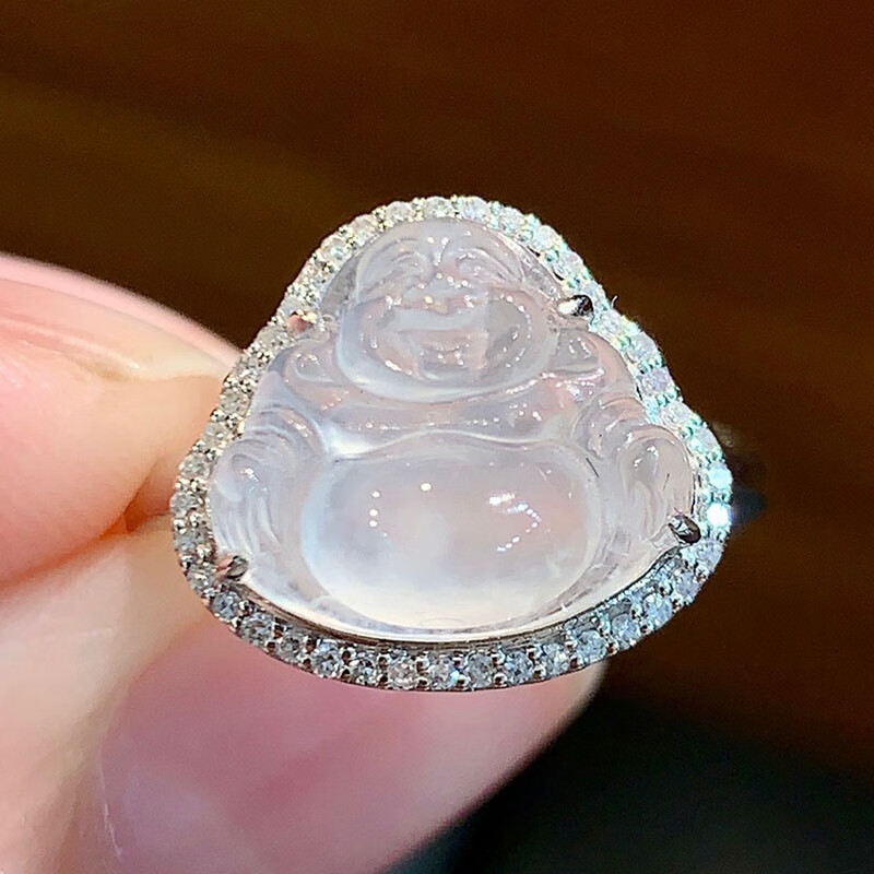 月亮阿姨  翡翠冰种白冰佛公戒指 18k金镶钻珠宝缅甸翡翠首饰女款送礼