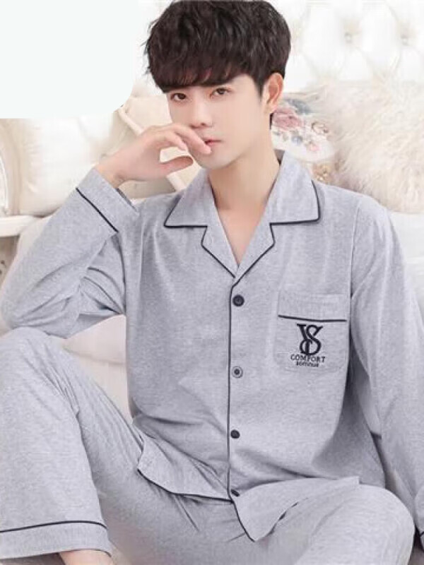 浪莎(langsha)品牌睡衣男长袖纯棉春秋男士全棉薄款中年休闲舒 主图