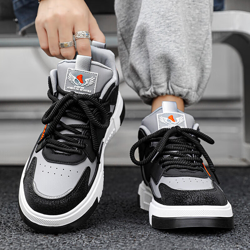 riosag高帮鞋子男秋冬季百搭板鞋小众设计休闲运动潮鞋 主图款黑灰 39