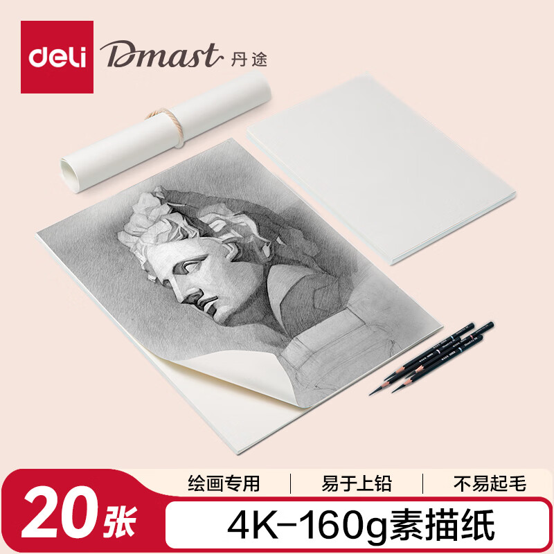 得力（deli）4K160g素描纸PE袋装(20张/袋)手绘临摹专业联考艺考铅画纸RS3-4K毕业礼物礼物男女孩