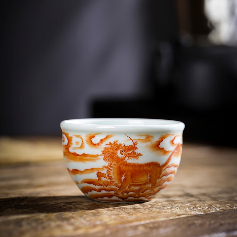 京峰阁茶具杯子景德镇手绘矾红麒麟主人杯单杯茶杯陶瓷功夫茶具品茗杯