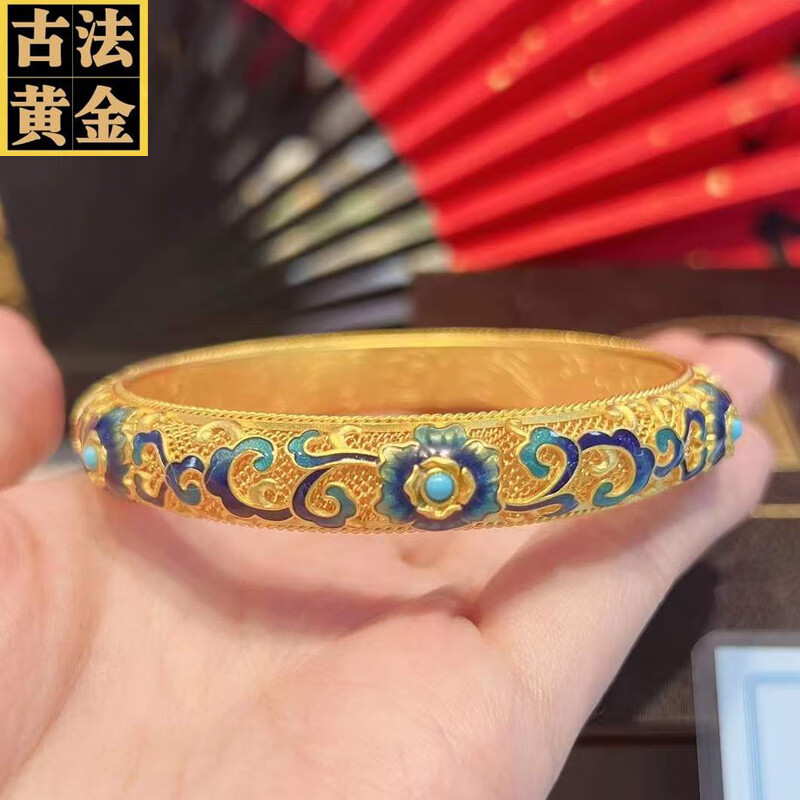 福韵礼传承古法烧蓝黄金手镯妈妈款花朵宫廷花丝镶嵌足金镯子情人节