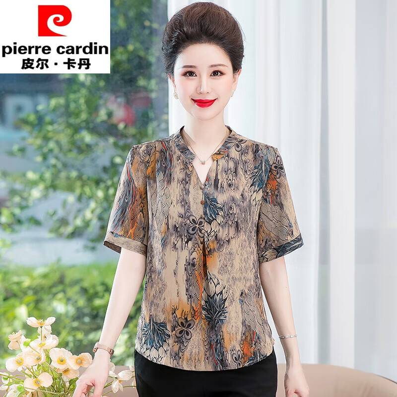 皮尔卡丹品牌女装洋气妈妈夏装香云纱上衣真丝寸衫短袖t恤女中老年桑