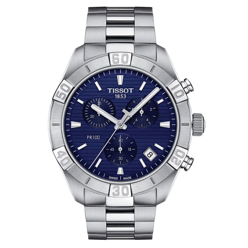 天梭（TISSOT）瑞士手表 新品PR100運動(dòng)系列三眼浮雕條紋盤(pán)夜光石英男士腕表 藍盤(pán)鋼帶 T101.617.11.041.00