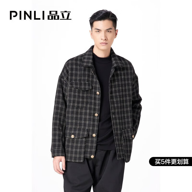 pinli品立夹克外套男秋季新款男士时尚小香风格子男装 黑色 m170