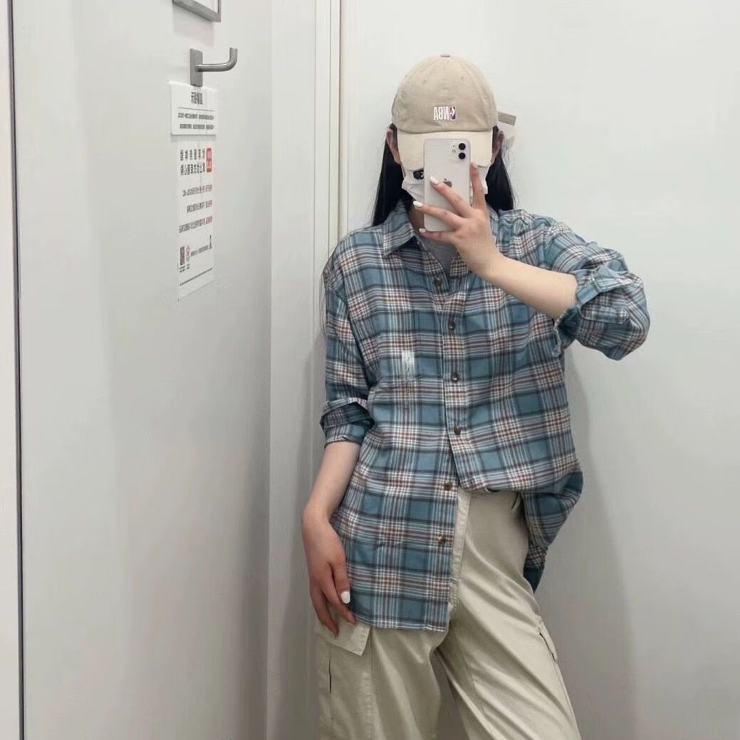 vnl法兰绒衬衫女u家春秋款格子空调衫衬衣外套款465933/465932 粉蓝色