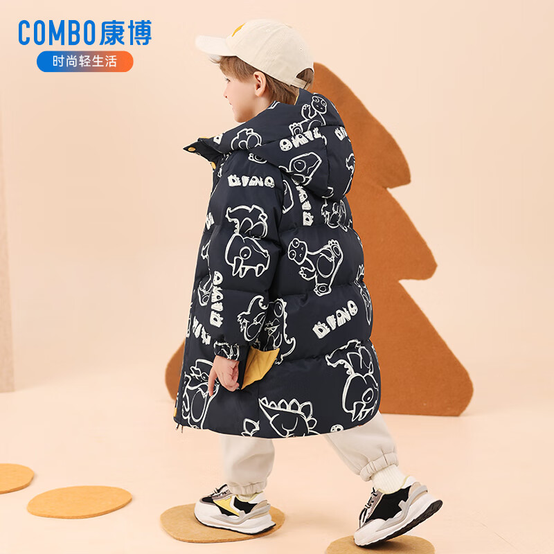 康博儿童男童羽绒服2024新款冬季小童洋气卡通宝宝加厚中长款童装外套 藏青色 140