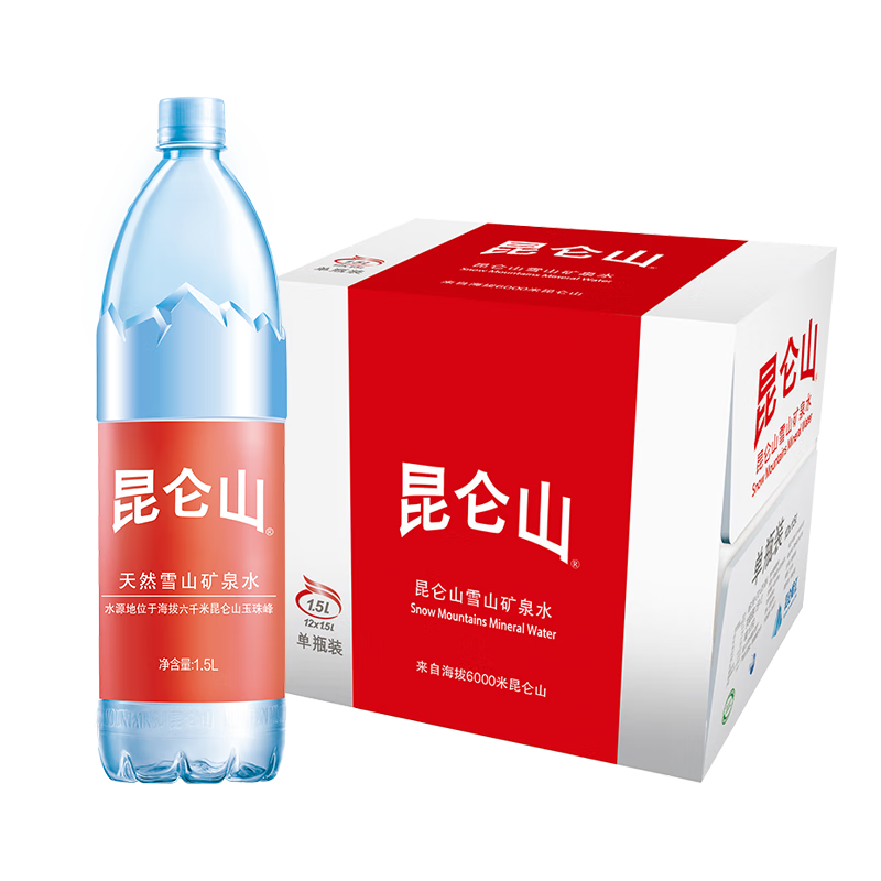 昆侖山雪山天然礦泉水1.5L*12瓶 弱堿性小分子家庭高端飲用水大瓶裝 1.5L*12瓶*1箱