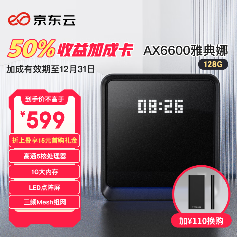 京东云无线宝 AX6600雅典娜128G 能赚京豆的家用路由器 WIFI6 高通5核 1G内存 LED点阵屏 三频Mesh