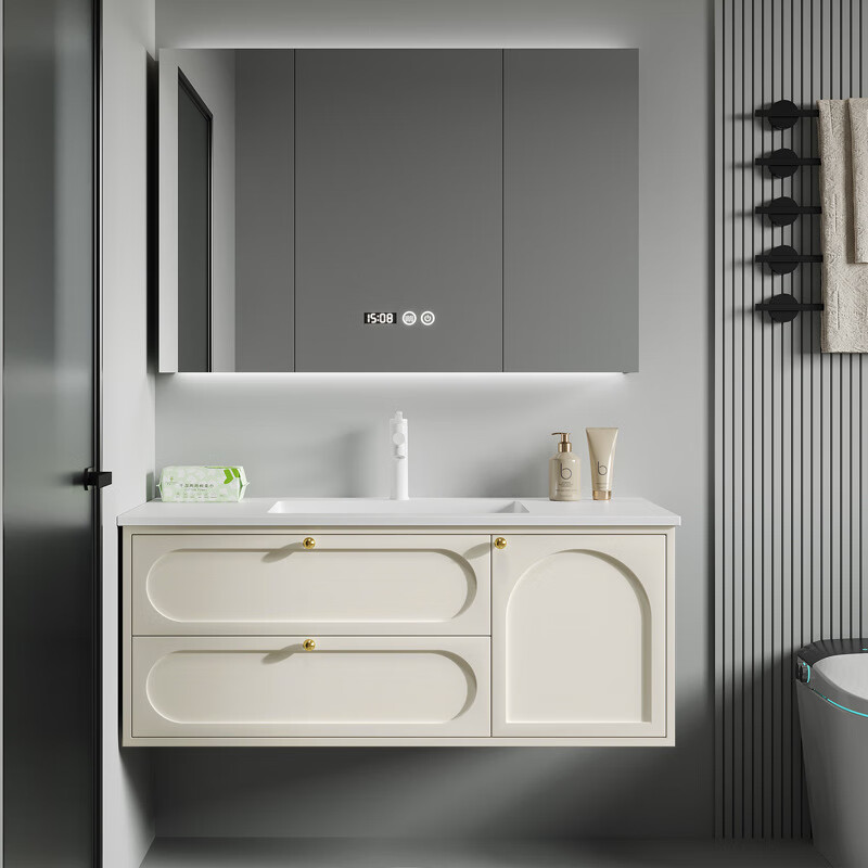 苏吉能2024新款奶油风法式浴室柜岩板陶瓷一体洗手洗脸盆卫生间 陶瓷