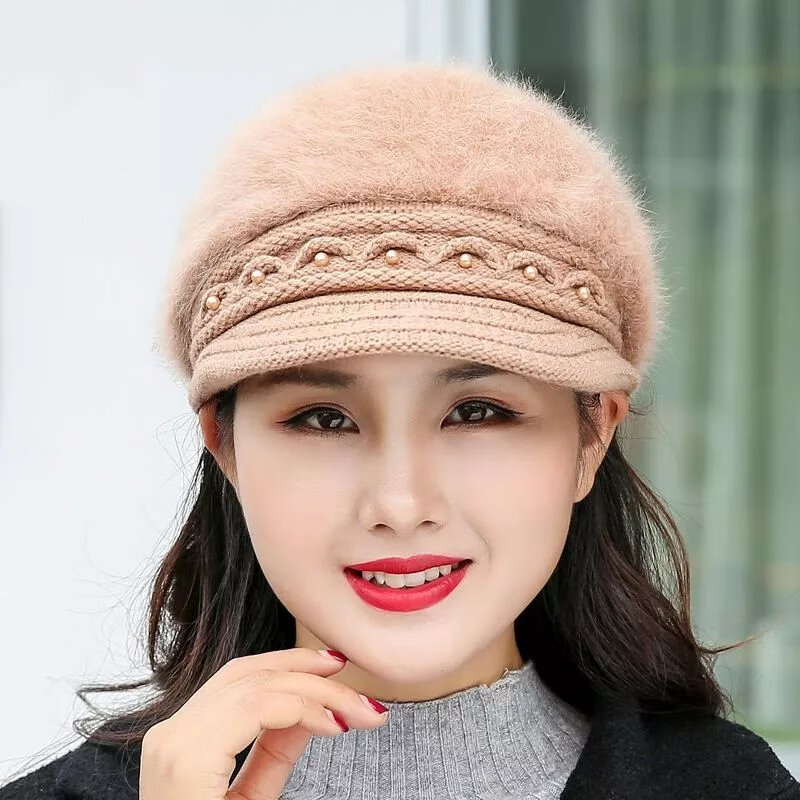 欧曼玫【现发】帽子女冬天加绒保暖护耳鸭舌针织帽贝雷帽兔毛帽加厚毛线 豆沙色