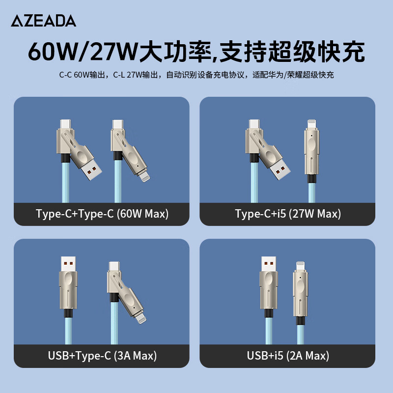 AZEADA60W/27W充电线快充线数据线二拖二手机车载充电线多头适用3A安卓苹果适配 幻影黑