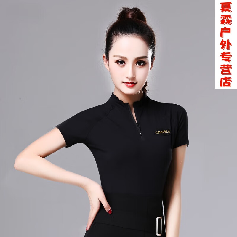 翼米乐丹宝罗摩登女装上衣女短袖舞蹈成人新款国标舞衣练功服拉丁形体服 女士拉链短袖黑色(字母标) XL