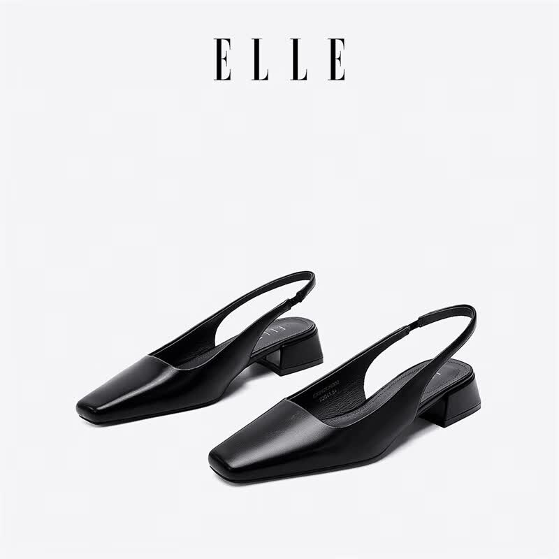 ELLE官方女鞋新款包头凉鞋女法式方头单鞋通勤低跟鞋子 黑色 3cm 38 (240mm) 标准码