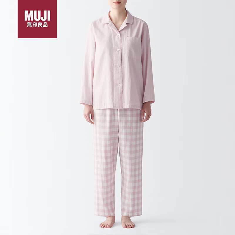 无印良品（MUJI）女式 无侧缝双层纱织 睡衣4S家居服套装  浅粉红色格纹 XL