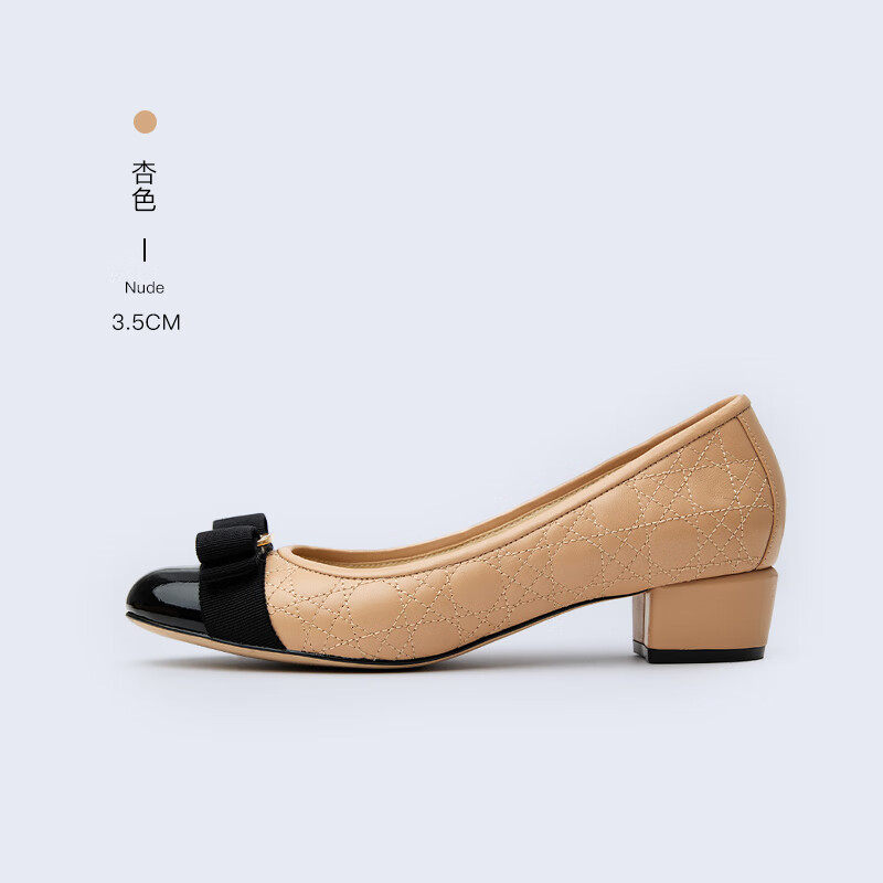 LING MEI CHEN小香风绗缝拼接密鞋拼色浅口低跟高跟鞋圆头蝴蝶结粗跟单鞋女鞋 棕色 3.5cm 38