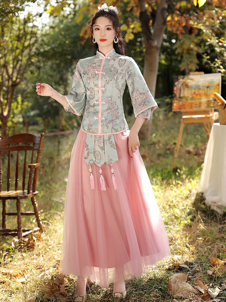 大码胖妹妹粉色中式伴娘服女夏季大码国风旗袍姐妹 ah002缎面双袖加飘