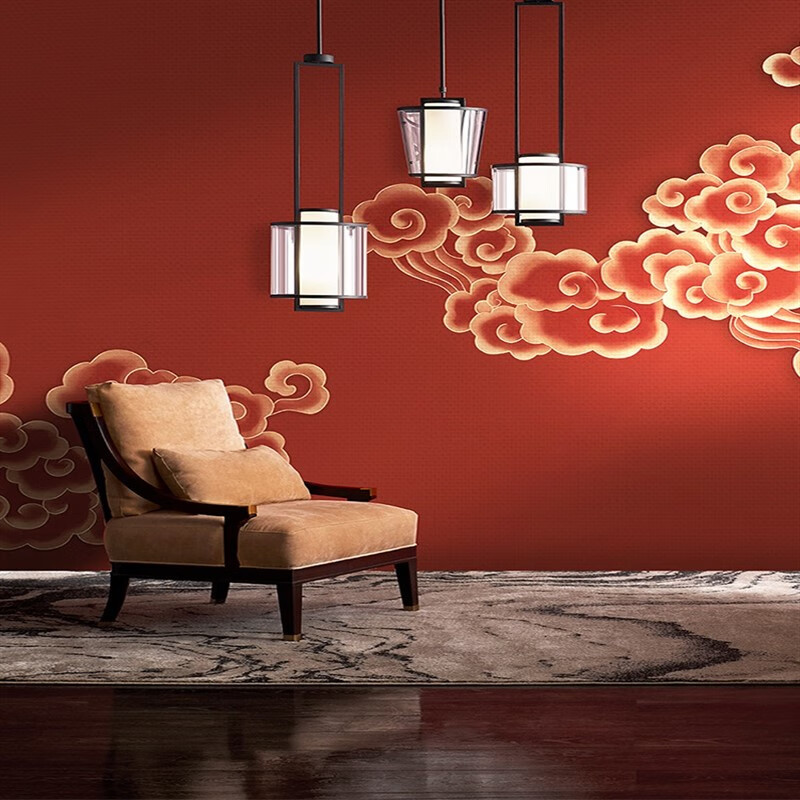 中国中古风祥云壁纸古风故宫红拍照背景墙纸新中式简约 拼接高清壁画