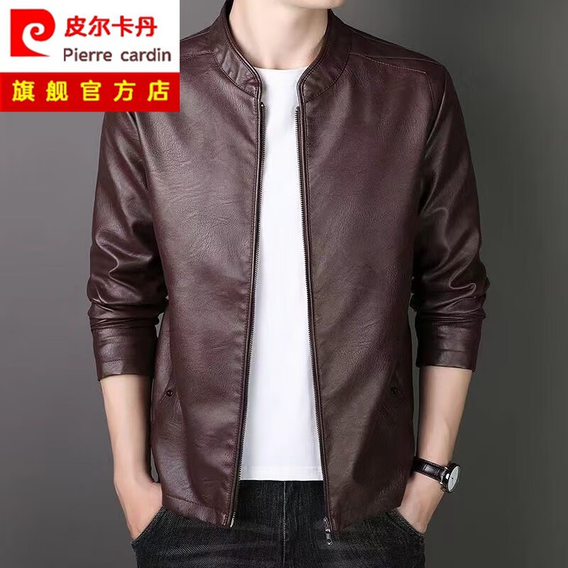 皮尔卡丹（pierre cardin）新款真皮皮衣男修身立领外套商务休闲大码皮夹克上衣爸爸装针织 8055黑色 6XL 205-220斤
