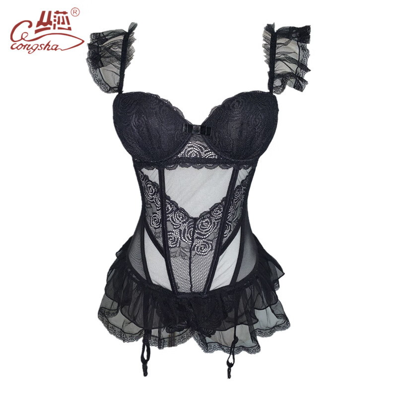 rabbit欧美高档情趣内衣吊带马甲性感透视薄纱睡裙开档免脱制服 黑色