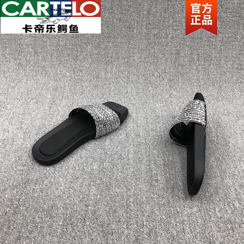 卡帝乐鳄鱼(CARTELO)欧洲站2026夏新款真皮女鞋露趾平底水钻条外穿一字拖简约凉拖鞋女 黑色 40